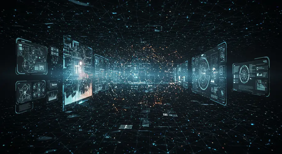 Abstract representation of AI neural networks and data flow in a 3D spatial environment
