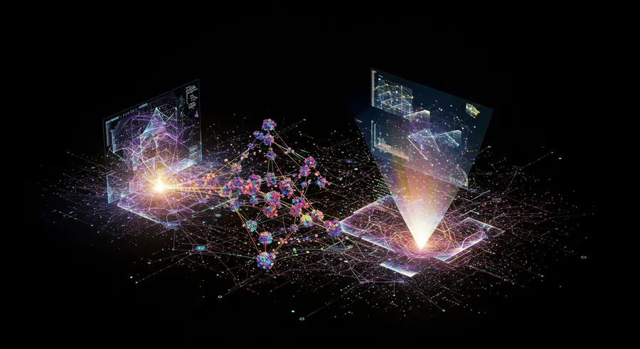 Abstract representation of quantum computing interacting with spatial environments, showing qubits and holographic projections